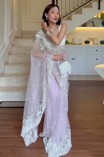 Pista-green embroidered net ready to wear saree with blouse