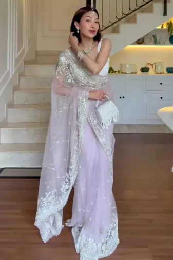 Pista-green embroidered net ready to wear saree with blouse