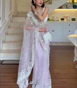 Pista-green embroidered net ready to wear saree with blouse
