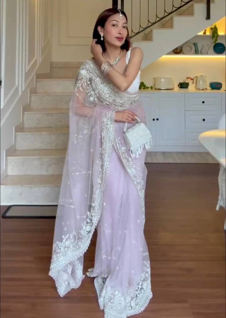 Pista-green embroidered net ready to wear saree with blouse