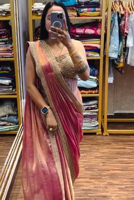 Peach embroidered satin ready to wear saree with blouse 3