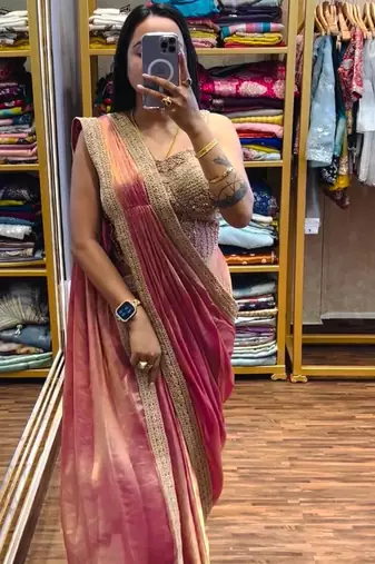 Peach embroidered satin ready to wear saree with blouse