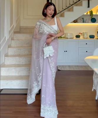 Pista-green embroidered net ready to wear saree with blouse 2