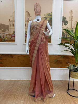 Peach embroidered satin ready to wear saree with blouse 4