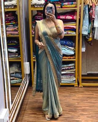 Blue embroidered satin ready to wear saree with blouse 1