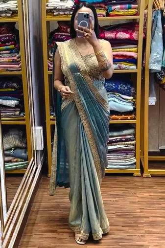 Blue embroidered satin ready to wear saree with blouse