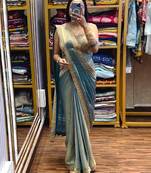 Blue embroidered satin ready to wear saree with blouse
