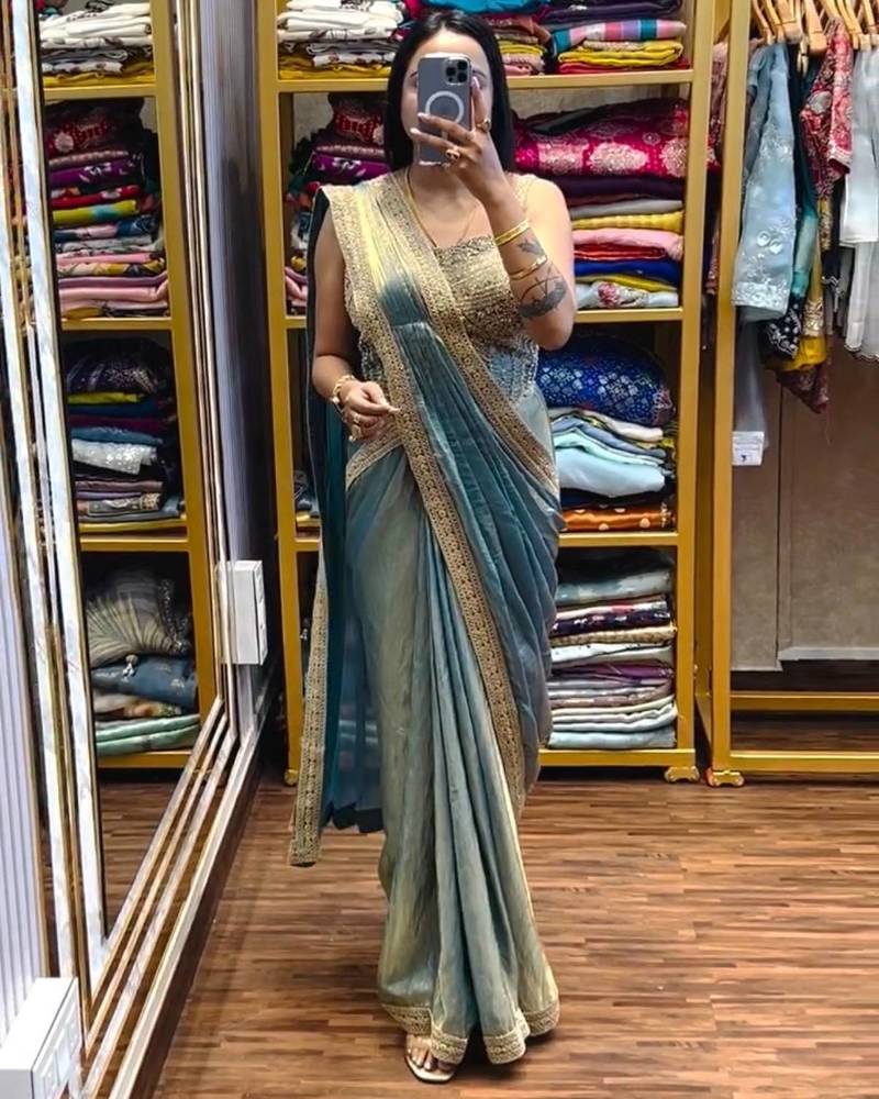 Blue embroidered satin ready to wear saree with blouse