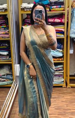 Blue embroidered satin ready to wear saree with blouse 2