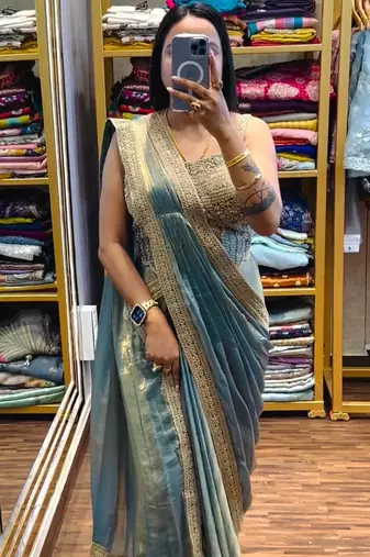 Blue embroidered satin ready to wear saree with blouse