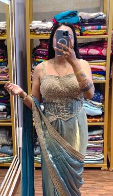 Blue embroidered satin ready to wear saree with blouse 3