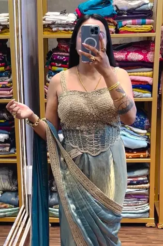 Blue embroidered satin ready to wear saree with blouse