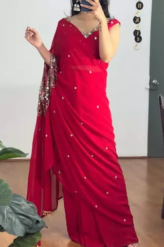Red embroidered faux georgette ready to wear saree with blouse