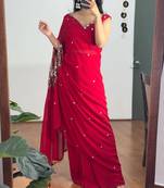 Red embroidered faux georgette ready to wear saree with blouse