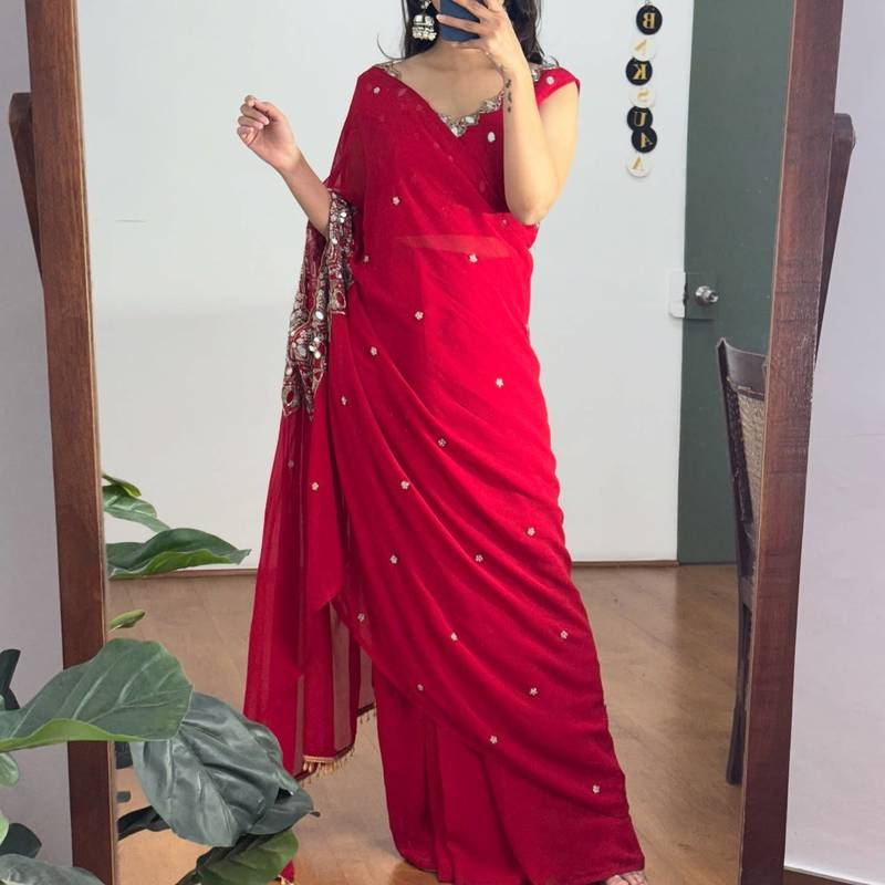 Red embroidered faux georgette ready to wear saree with blouse