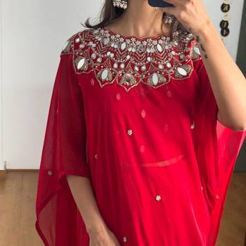 Red embroidered faux georgette ready to wear saree with blouse 2