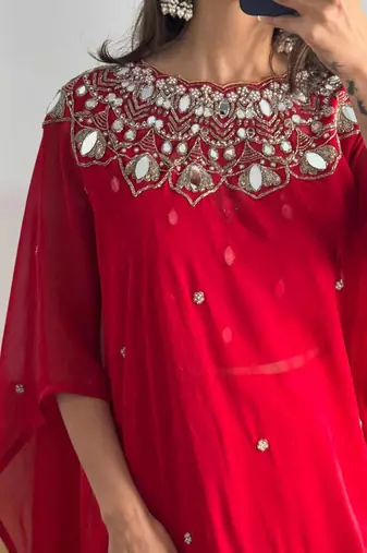 Red embroidered faux georgette ready to wear saree with blouse