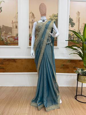 Blue embroidered satin ready to wear saree with blouse 4