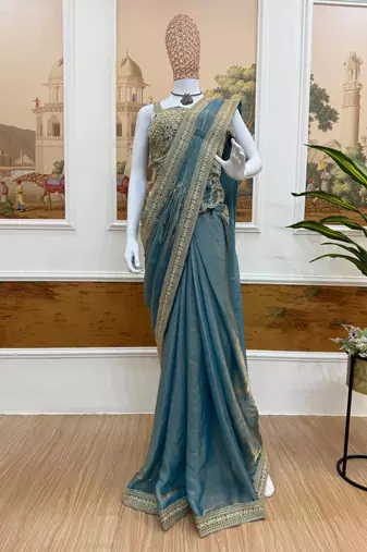 Blue embroidered satin ready to wear saree with blouse