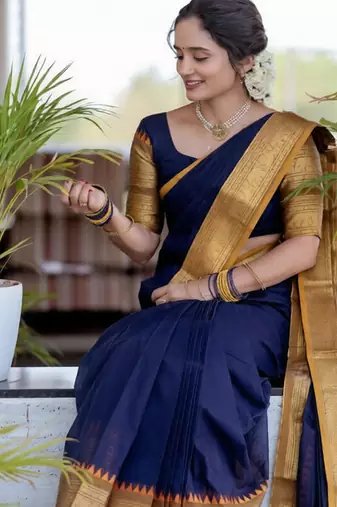 Blue weaving cotton silk ethnic saree with blouse