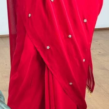Red embroidered faux georgette ready to wear saree with blouse 3