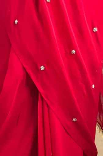 Red embroidered faux georgette ready to wear saree with blouse