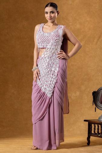 Peach green embroidered faux georgette ready to wear saree with blouse