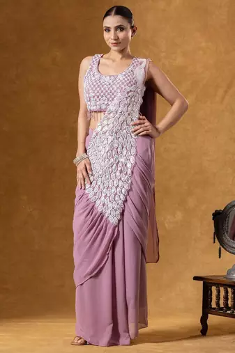 Peach green embroidered faux georgette ready to wear saree with blouse