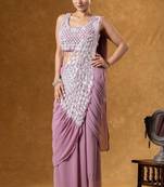 Peach green embroidered faux georgette ready to wear saree with blouse