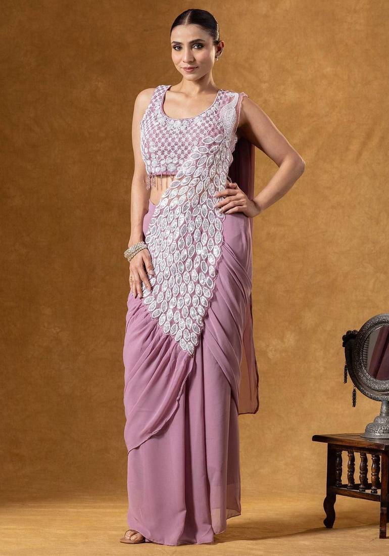 Peach green embroidered faux georgette ready to wear saree with blouse