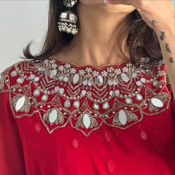 Red embroidered faux georgette ready to wear saree with blouse 4