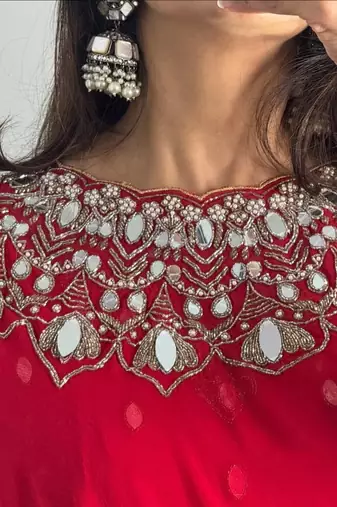 Red embroidered faux georgette ready to wear saree with blouse