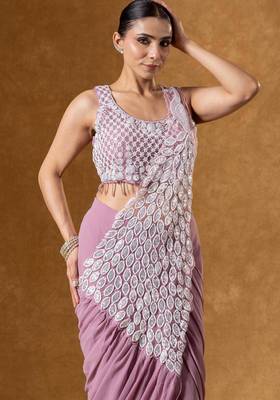Peach green embroidered faux georgette ready to wear saree with blouse 2