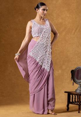 Peach green embroidered faux georgette ready to wear saree with blouse 3