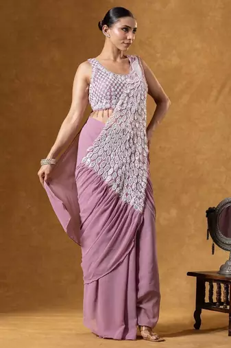 Peach green embroidered faux georgette ready to wear saree with blouse