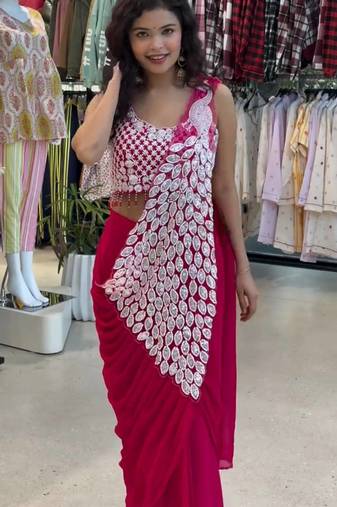 Rani-pink green embroidered faux georgette ready to wear saree with blouse