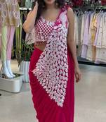 Rani-pink green embroidered faux georgette ready to wear saree with blouse