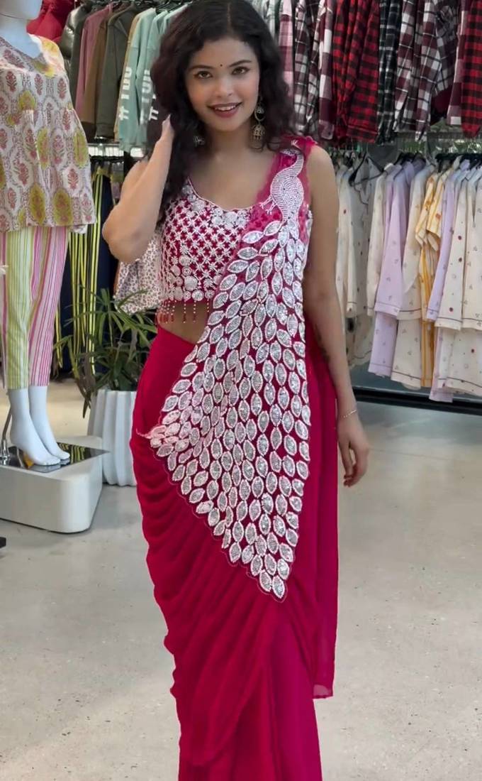 Rani-pink green embroidered faux georgette ready to wear saree with blouse
