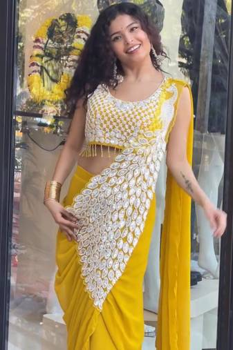 Yellow green embroidered faux georgette ready to wear saree with blouse
