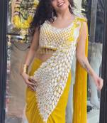 Yellow green embroidered faux georgette ready to wear saree with blouse