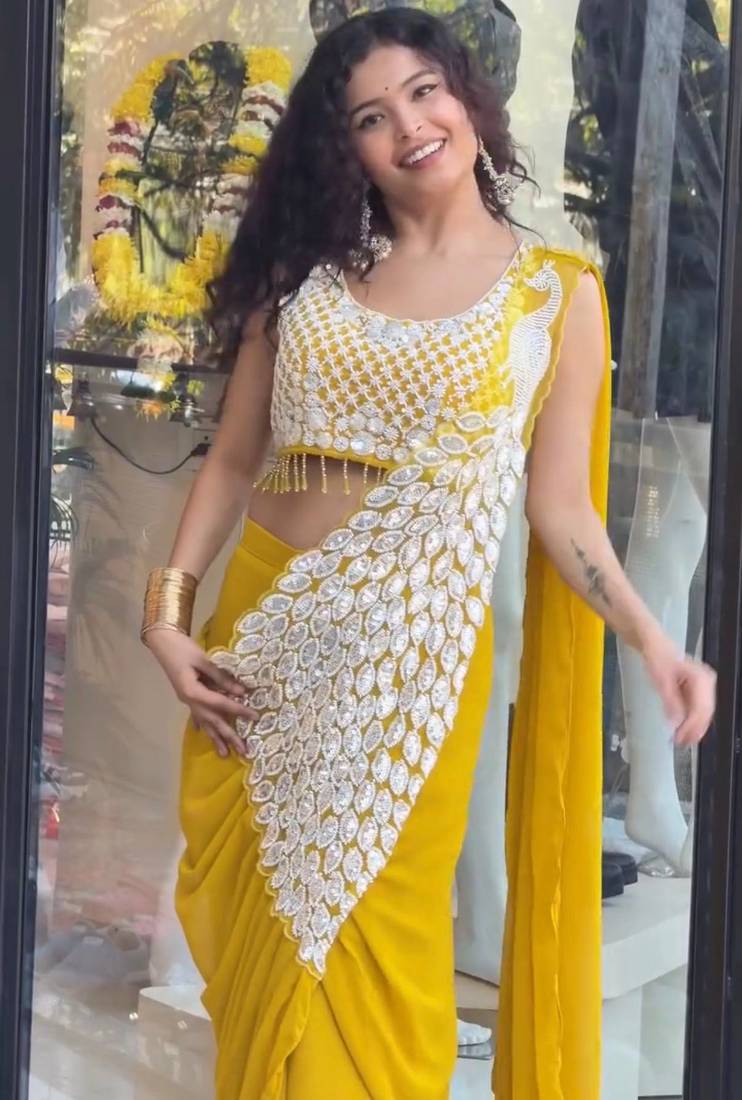 Yellow green embroidered faux georgette ready to wear saree with blouse