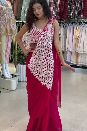 Rani-pink green embroidered faux georgette ready to wear saree with blouse