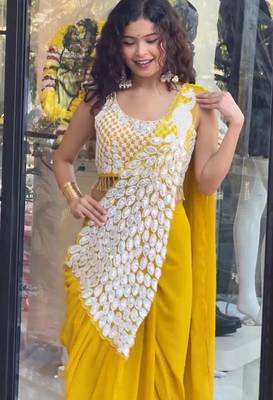Yellow green embroidered faux georgette ready to wear saree with blouse 2