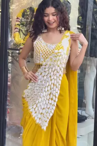 Yellow green embroidered faux georgette ready to wear saree with blouse