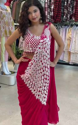 Rani-pink green embroidered faux georgette ready to wear saree with blouse 3