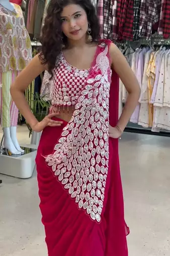 Rani-pink green embroidered faux georgette ready to wear saree with blouse