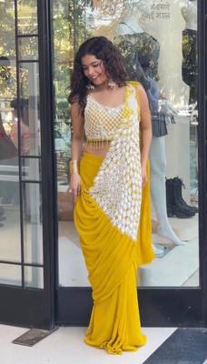 Yellow green embroidered faux georgette ready to wear saree with blouse 3