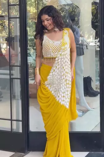 Yellow green embroidered faux georgette ready to wear saree with blouse