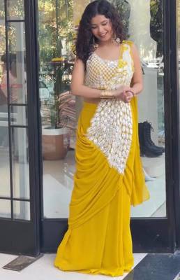 Yellow green embroidered faux georgette ready to wear saree with blouse 4