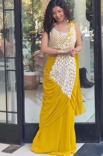 Yellow green embroidered faux georgette ready to wear saree with blouse